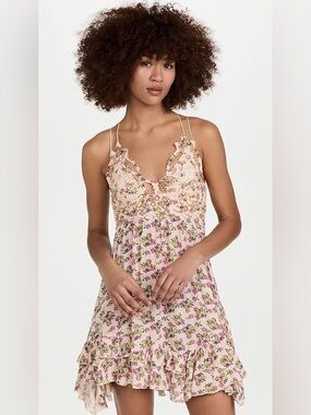 Free People Adella ditzy floral cream, pink, green ruffle mini Sundress